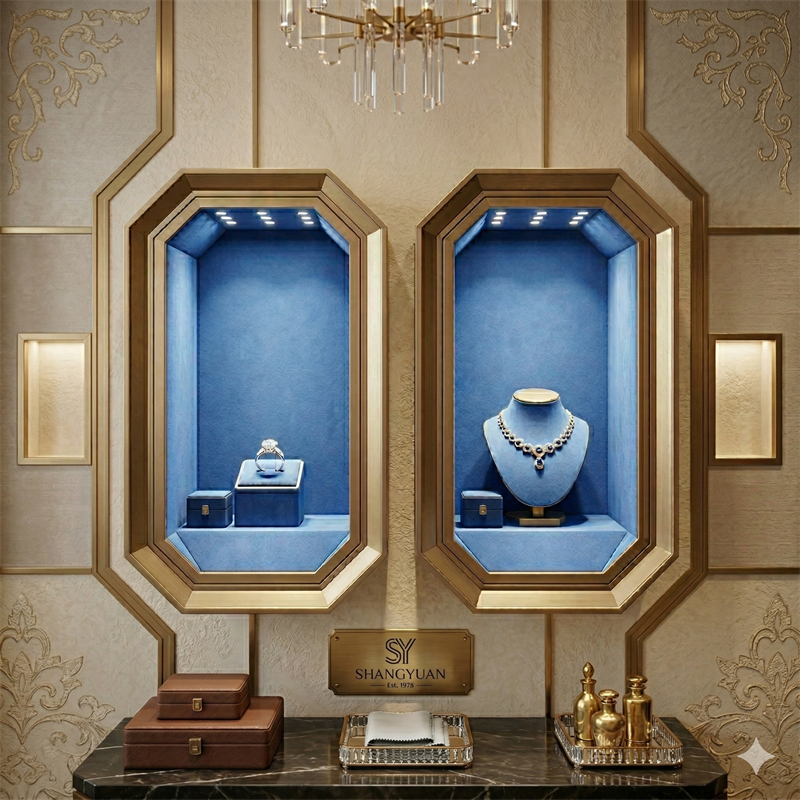 Luxury jewelry showroom interior by Shangyuan featuring wall-mounted gold octagonal displays